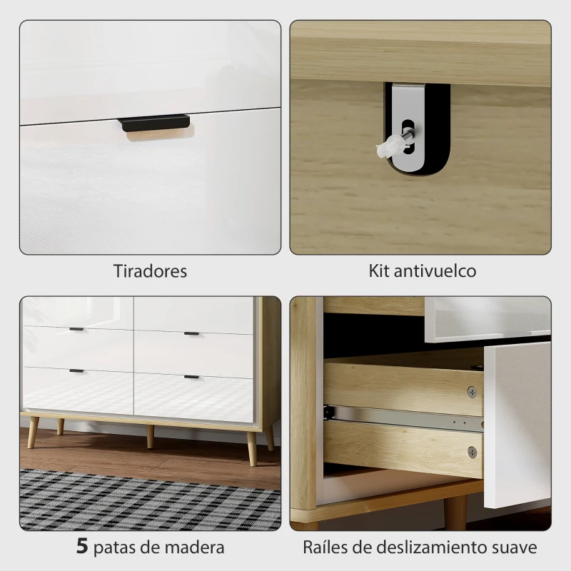 HOMCOM Cómoda 6 Cajones Cómoda Dormitorio con Patas de Madera Estilo Moderno 110x40x75 cm Blanco Brillo y Roble