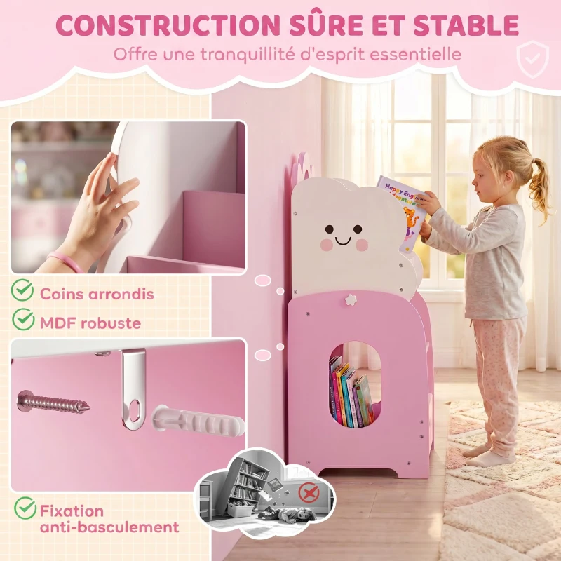 AIYAPLAY Meuble rangement enfant 3 à 8 ans, rangement jouets enfant modulaire avec porte-magazines à 4 étagères, rose