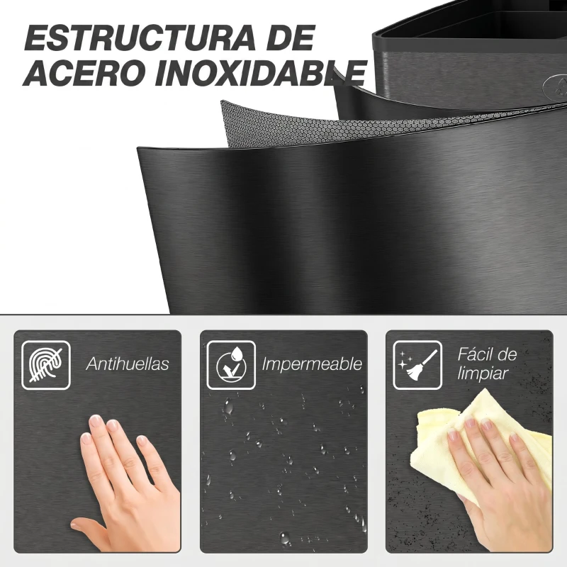 HOMCOM Cestino da Cucina con 2 Scomparti da 20L, Pedale Coperchi a Chiusura Morbida e Secchio Estraibile, in Acciaio Inossidabile, Nero
