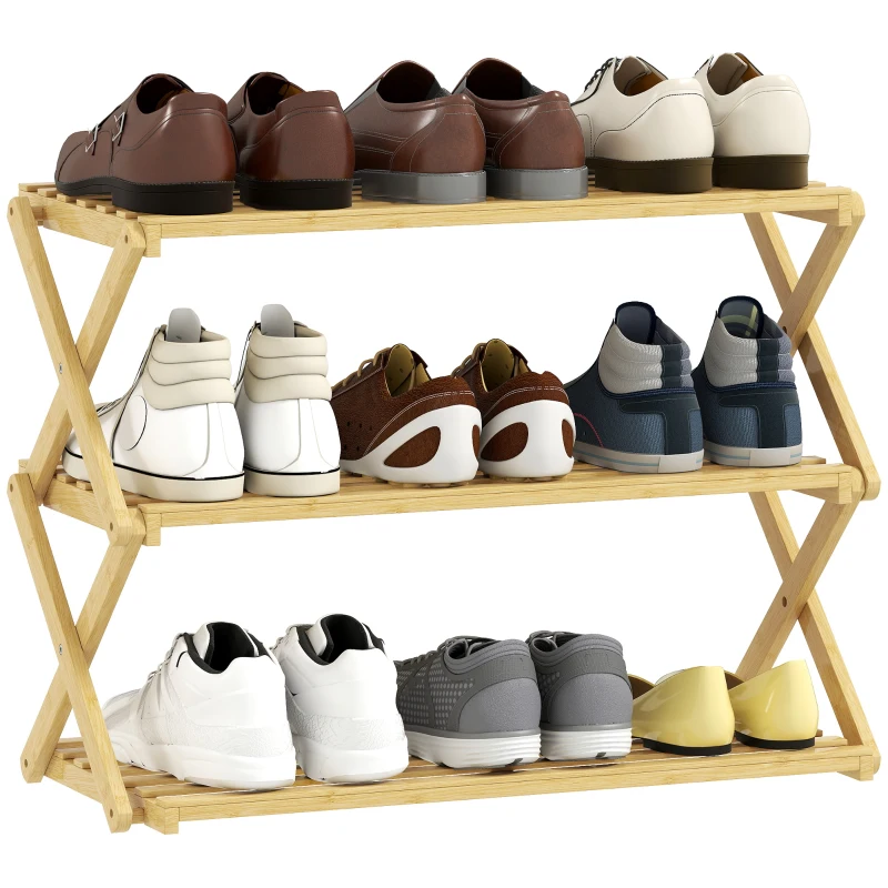 HOMCOM Three-Tier Folding Bamboo Shoe Rack - Natural Finish