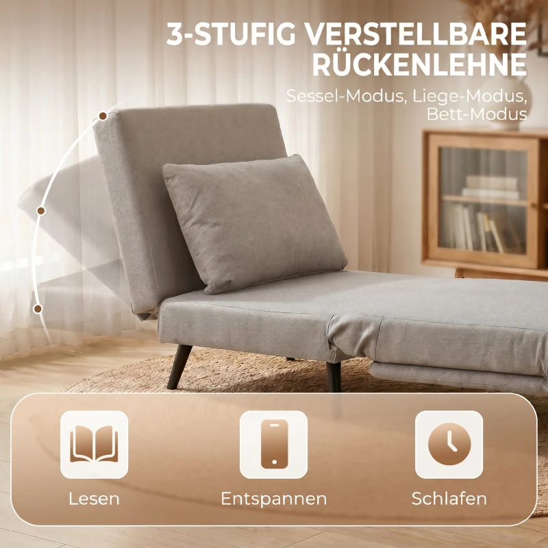 HOMCOM Fauteuil Convertible 1 Place, Fauteuil-Lit Clic-Clac 3 en 1 avec Dossier Réglable, Oreiller, Assise Large, Marron Clair
