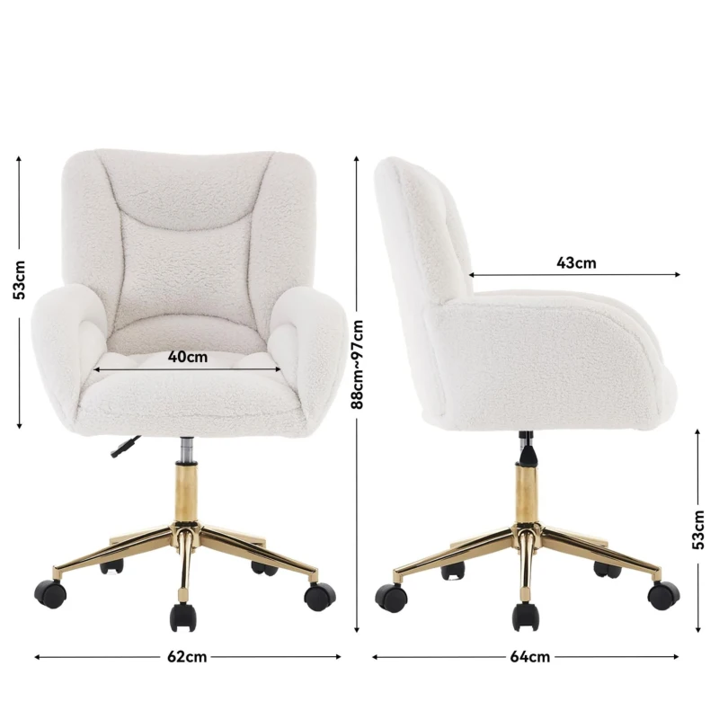 Chaise de bureau Teddy réglable en hauteur, base métallique dorée, 64x62x97 cm, Blanc