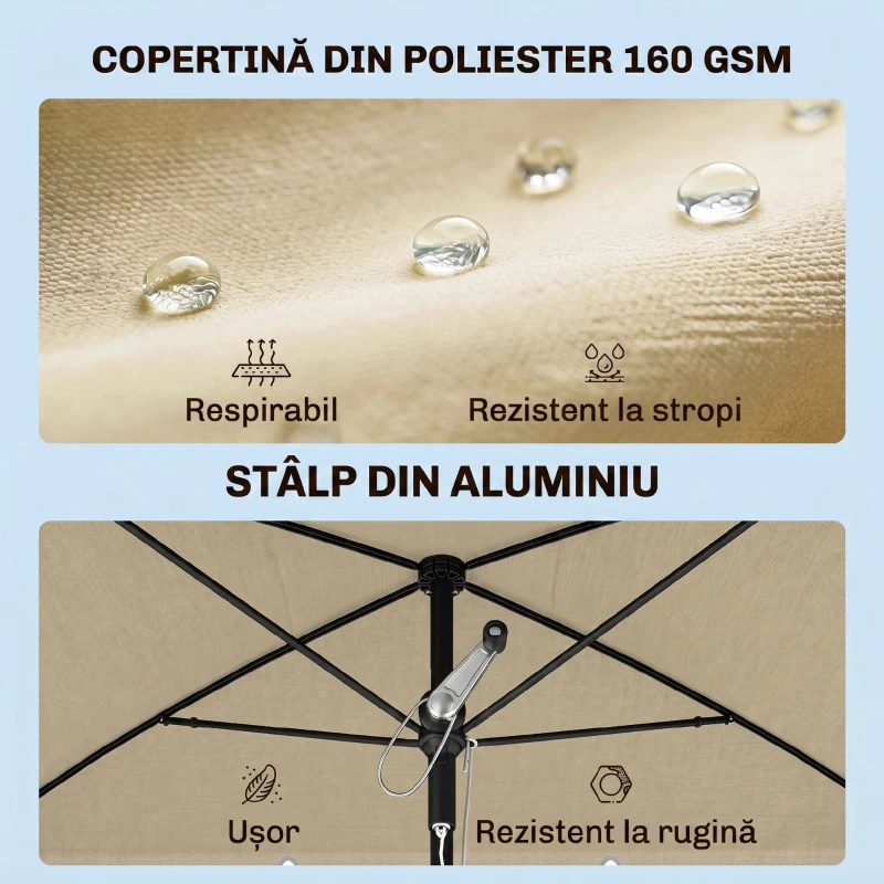 Outsunny Umbrelă de Grădină Rectangulară și Reglabilă cu Stâlp din Aluminiu, 2x1.3x2.5 m, Bej