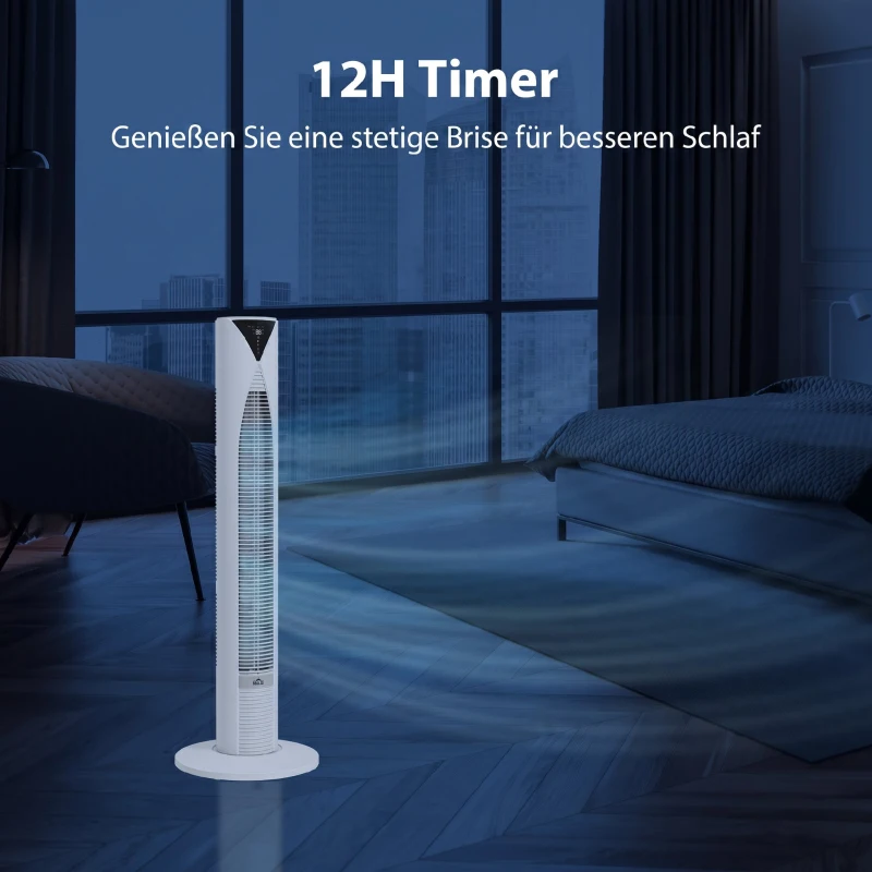 HOMCOM 70° oszillierender Turmventilator mit Fernbedienung 4 Modi 3 Geschwindigkeiten Timer 31,5 x 31,5 x 96 cm Weiß