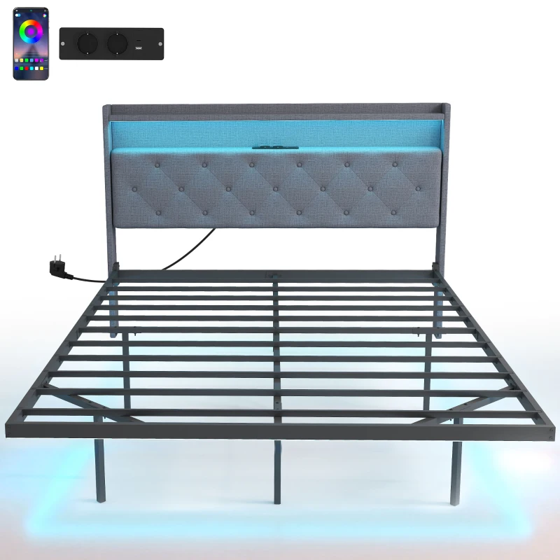 HOMCOM Cadre de lit 140 x 190 cm avec sommier acier, lit 2 personnes flottant avec lumières LED RGB et station de charge, gris