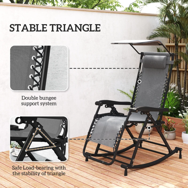 Outsunny Garden Rocking Chair Folding Recliner Outdoor Adjustable Sun Lounger Rocker Zero-Gravity Seat with Headrest Side Holder Patio Deck - Grey