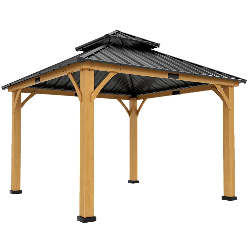 Outsunny 3.5 x 3.5m Outdoor Hardtop Gazebo Canopy with Two-tier Metal Roof and Solid Wood Frame Outdoor Patio Shelter for Patio, Garden, Black
