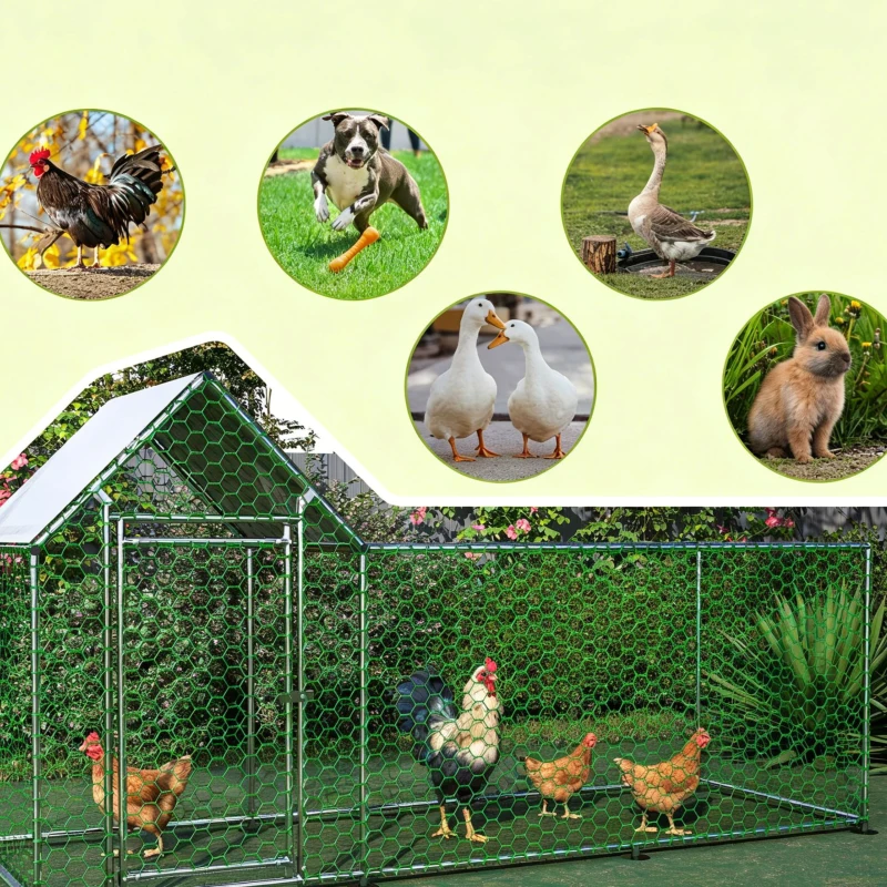 Enclos d'extérieur pour poulailler avec serrure de sécurité et bâche en PE imperméable, pour poules, lapins et autres petits animaux, 303x107x152 cm, Argenté