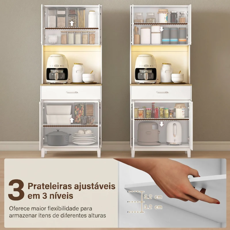 HOMCOM Aparador de Cozinha com Luzes LED Estação de Carregamento 4 Portas Gaveta Bancada Aberta 71x40x180 cm Branco