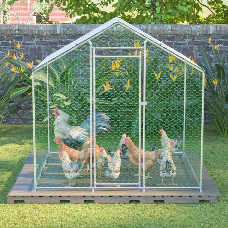 Enclos de plein air pour poulailler avec serrure de sécurité et bâche PE imperméable, pour poules, lapins et autres petits animaux, 203x197x200 cm, Argenté