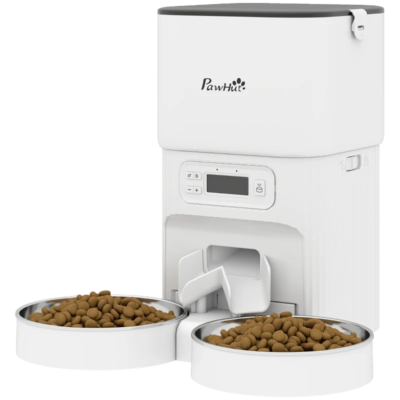 PawHut Automatic Cat Feeder Timed Portion Control Pet Food Dispenser with 2 Stainless Steel Bowls