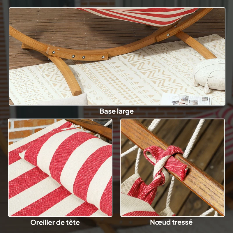 Outsunny Amaca con Supporto in legno, Cuscino Poggiatesta e Letto in Cotone, 310x118x120 cm, Rosso e Bianca