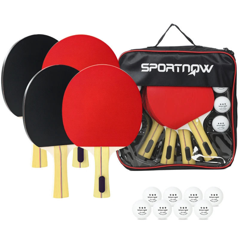 SPORTNOW Set 4 Racchette da Ping Pong e 8 Palline con Custodia per Trasporto, Rosso e Nero