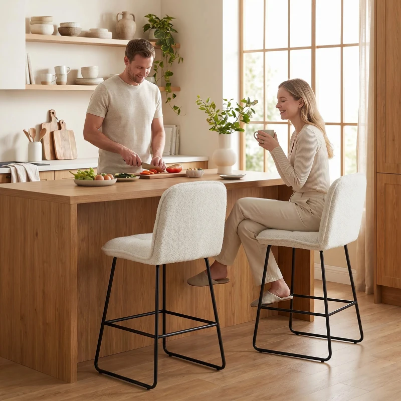 HOMCOM Set di 2 Sgabelli da Bar, Sgabelli Imbottiti con Seduta Extra-Larga, in Tessuto Bouclé, Crema