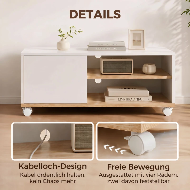 HOMCOM TV-Board auf Rollen mit Bremsen, TV-Möbel mit Schrank und verstellbarer Ablage, Weiß und Eiche