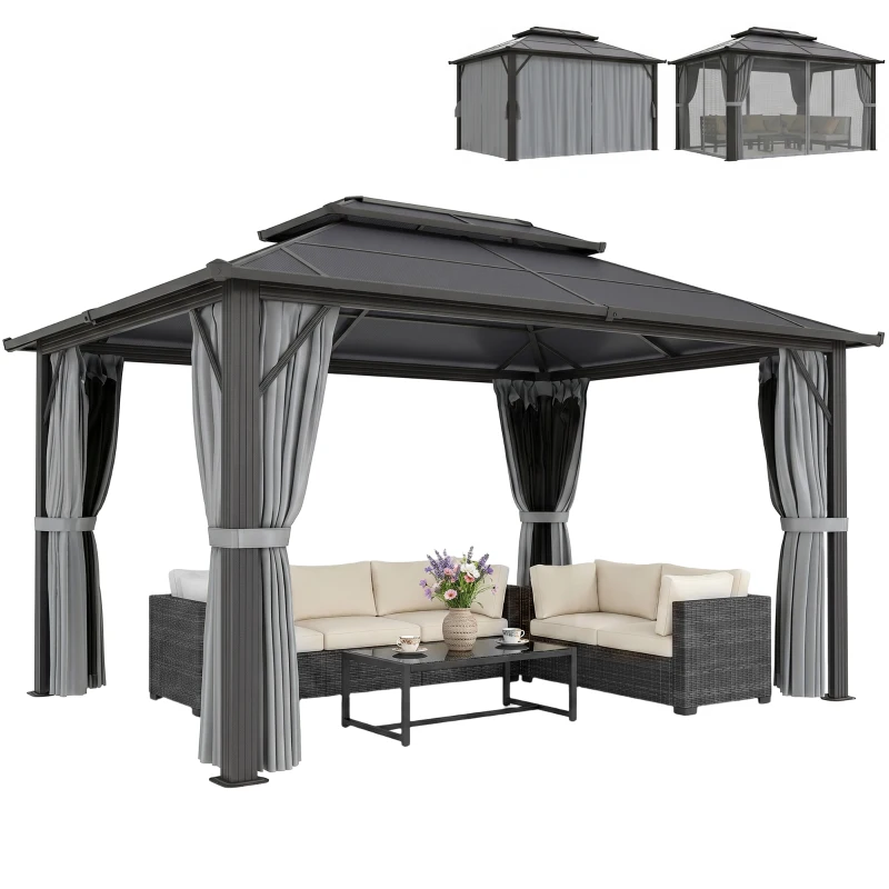 Outsunny 3 x 4m Hardtop Gazebo Canopy with UPF30+ Double Polycarbonate Roof, Aluminium Frame Garden Gazebo Permanent Pavilion with Mosquito Netting and Curtains for Patio, Deck, Grey