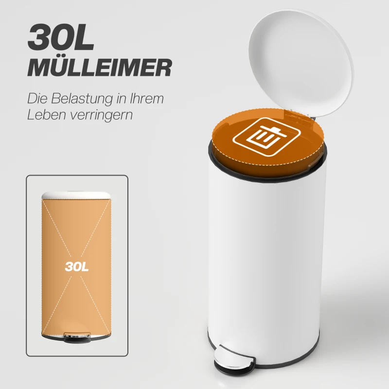 HOMCOM Mülleimer 30L, Treteimer, einrastbarer Deckel, Pedal, fleckenresistent, Weiß