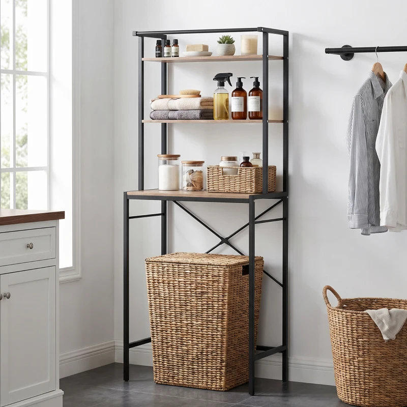 HOMCOM Étagère 3 Ripiani au-dessus du lave-linge avec barre porte-vêtements, Marron/Noir