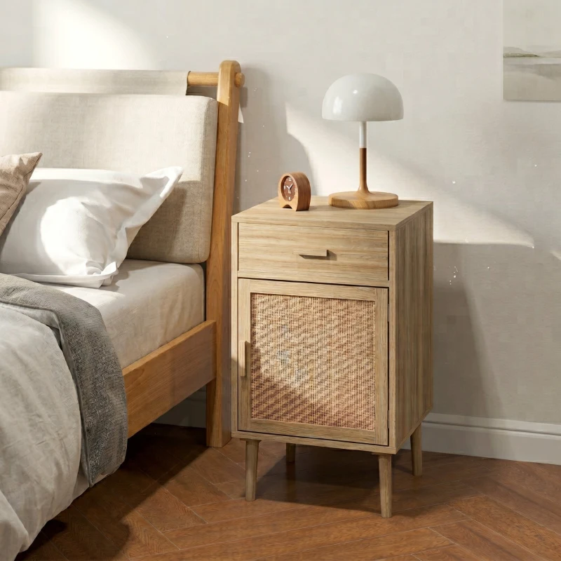 HOMCOM Set 2 Noptiere pentru Dormitor cu Sertar și Ușă din Ratan, Stil Boho, Culoare Lemn