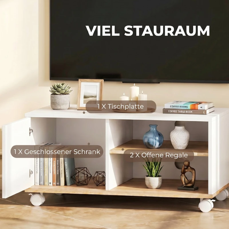 HOMCOM TV-Board auf Rollen mit Bremsen, TV-Möbel mit Schrank und verstellbarer Ablage, Weiß und Eiche