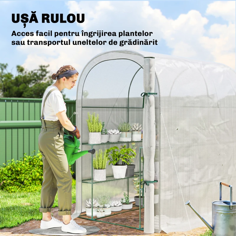 Outsunny Seră de Grădină cu Rafturi pe 2 Niveluri și Ușă Rulantă, din Oțel și PE, 123x187x189 cm, Albă