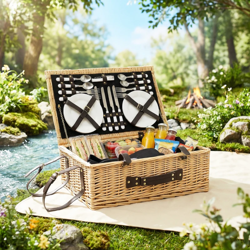 Outsunny Cesta da Pic Nic per 4 Persone con Area Frigo e Accessori, in Vimini, 54x34x20 cm, color Legno