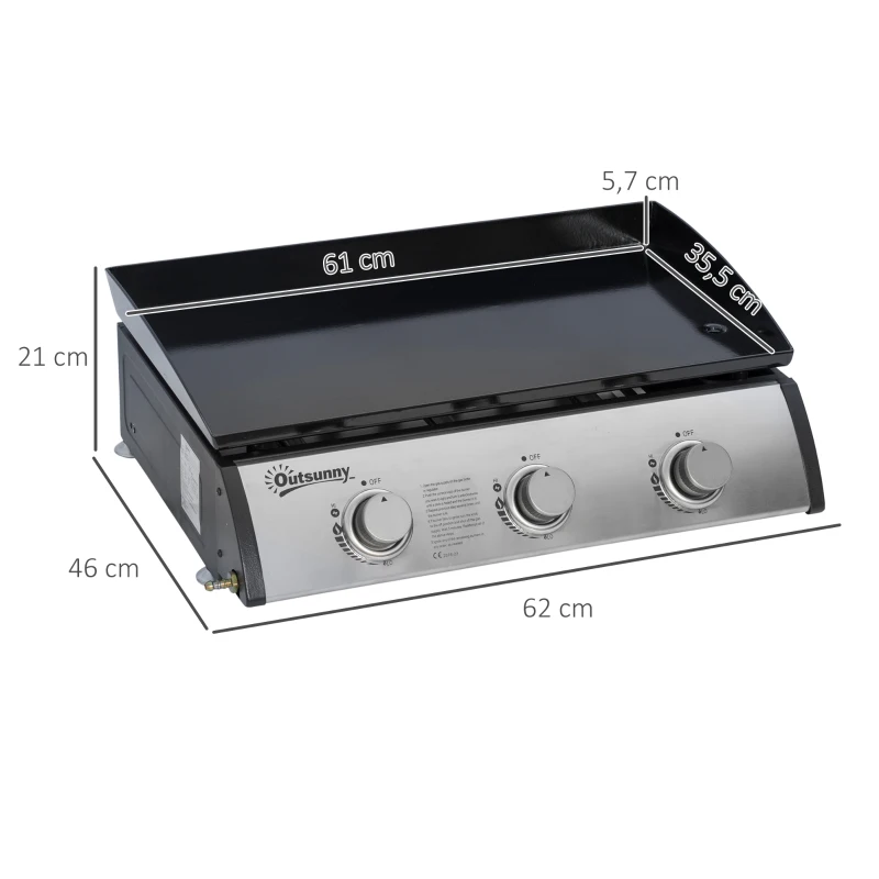 Outsunny Piastra a Gas con 3 bruciatori 9 kW in acciaio inox, Antiaderente Ampia Superficie di Cottura, 63x48x21 cm, Argento