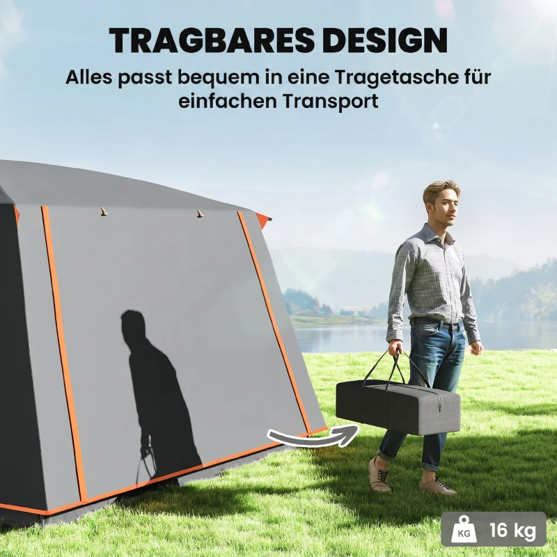 Outsunny Tente de camping familiale 4 personnes, tente tunnel, portes + fenêtres, 4,3 x 3 x 1,95 m, gris foncé