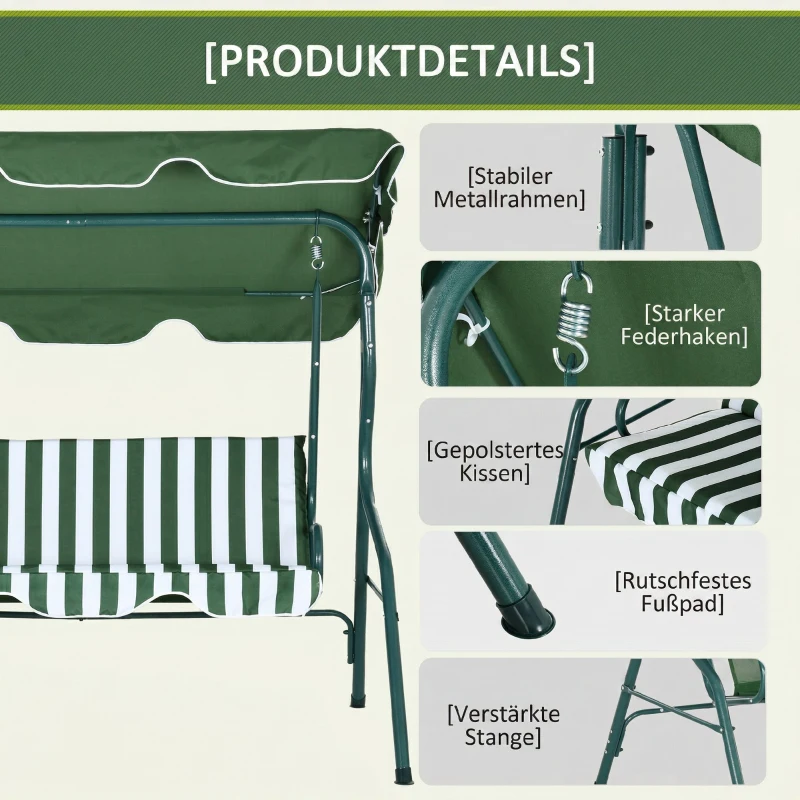 Outsunny 3-zits Hollywoodschommel Tuinligbed Schommelbank, weerbestendig, 172 cm x 110 cm x 153 cm, Groen + Wit