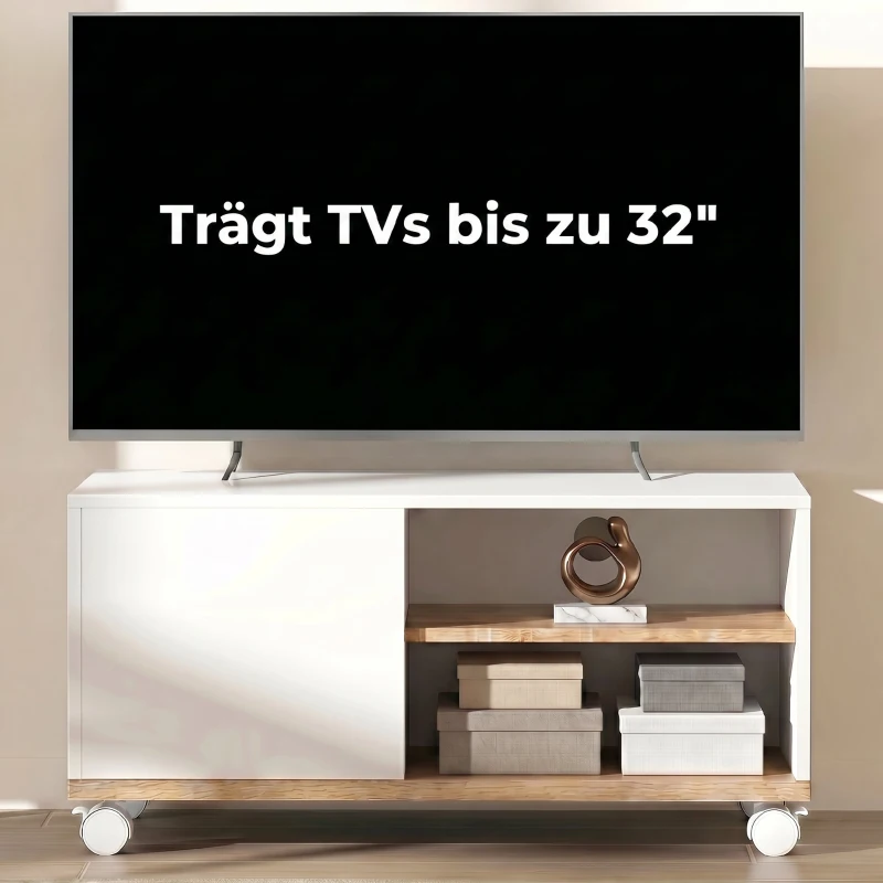 HOMCOM TV-Board auf Rollen mit Bremsen, TV-Möbel mit Schrank und verstellbarer Ablage, Weiß und Eiche
