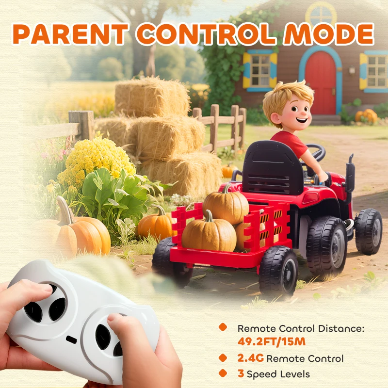 AIYAPLAY 2 in 1 Trattore Elettrico per Bambini 3-8 Anni con Rimorchio Staccabile, Telecomando, Musica, Luci, Rosso