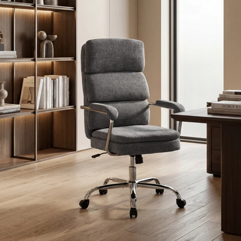HOMCOM Silla de oficina ergonómica en chenilla, sillón de oficina con reposabrazos acolchados, altura ajustable, gris