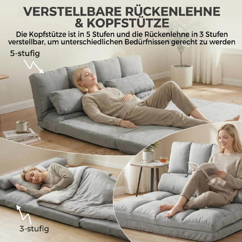 HOMCOM Chauffeuse 2 places canapé-lit convertible fauteuil de sol pliable dossier réglable 2 coussins inclus en polyester aspect suédé, pour salon, chambre et bureau, gris