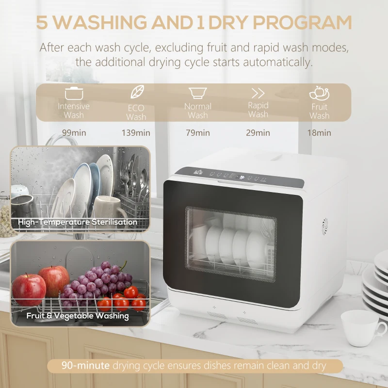 HOMCOM 6L Five-Mode Tabletop Dishwasher - White