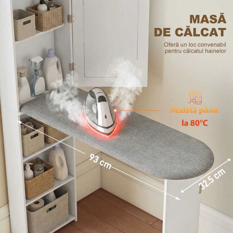 HOMCOM Dulap cu Masă de Călcat Pliabilă Economisitor de Spațiu cu Oglindă, Dulap Multifuncțional cu 6 Compartimente, 2 Cârlige, pentru Spălătorie Baie, 107x35x174 cm, Alb