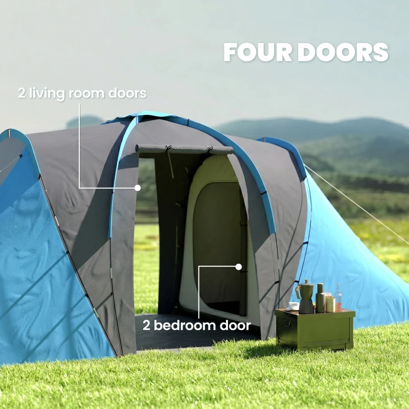 Outsunny Large Camping Tent Tunnel Tent with 2 Bedroom and Living Area, 2000mm Waterproof, Portable with Bag for 4-6 Man, Blue