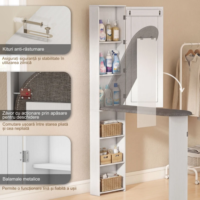HOMCOM Dulap cu Masă de Călcat Pliabilă Economisitor de Spațiu cu Oglindă, Dulap Multifuncțional cu 6 Compartimente, 2 Cârlige, pentru Spălătorie Baie, 107x35x174 cm, Alb