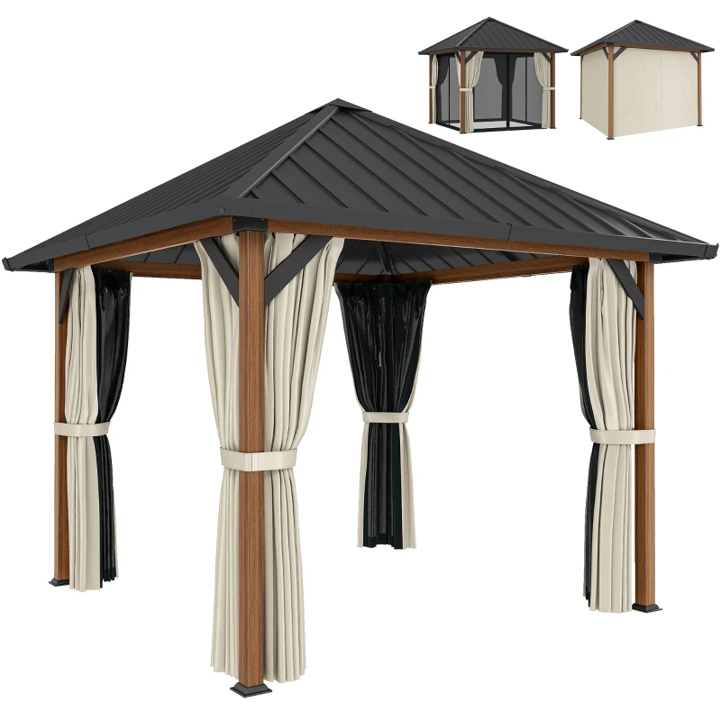 Outsunny 3 x 3(m) Hardtop Gazebo with Galvanised Steel Roof and Water Gutter, Waterproof Permanent Pavilion Garden Gazebo with Netting and Curtains for Patio, Deck, Walnut Wood Finish