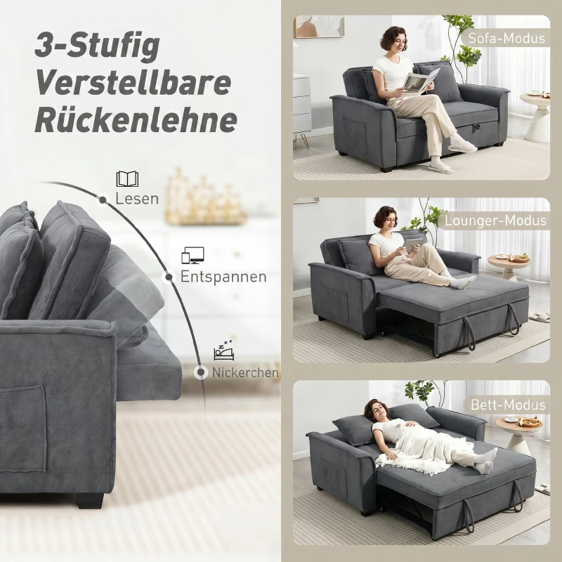 HOMCOM Futon-Schlafsofa, verstellbare Rückenlehne, 2-Sitzer mit 2 Kissen, Dunkelgrau