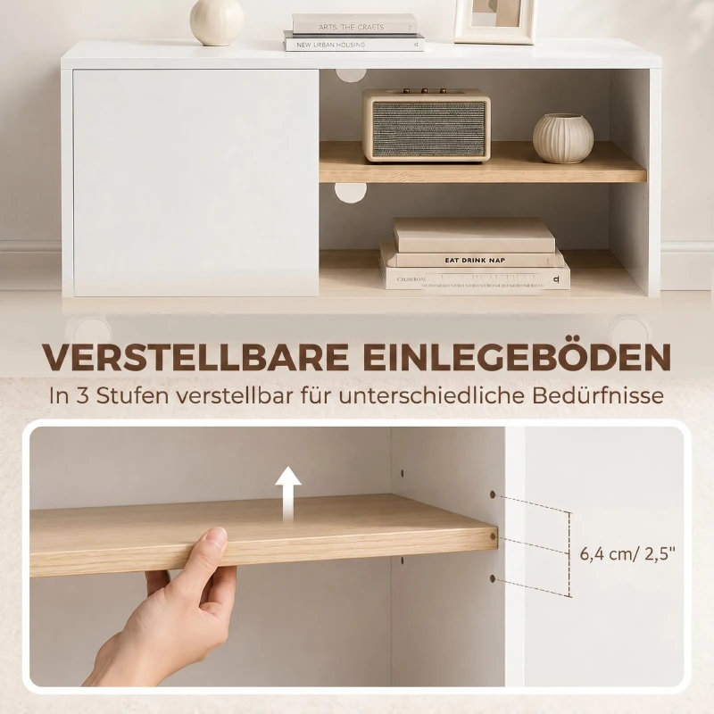 HOMCOM TV-Board auf Rollen mit Bremsen, TV-Möbel mit Schrank und verstellbarer Ablage, Weiß und Eiche