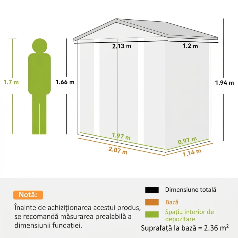 Outsunny Căsuță de Grădină din Metal cu Uși Glisante și Lacăt cu Chei, 2,1x1,2x1,9m, Verde