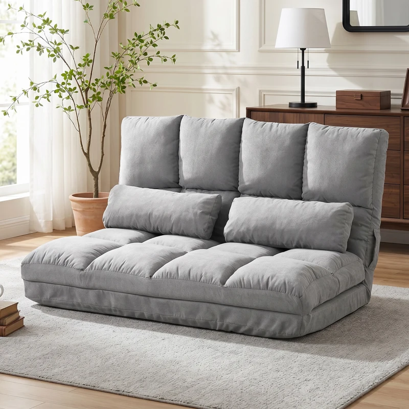 HOMCOM Chauffeuse 2 places canapé-lit convertible fauteuil de sol pliable dossier réglable 2 coussins inclus en polyester aspect suédé, pour salon, chambre et bureau, gris