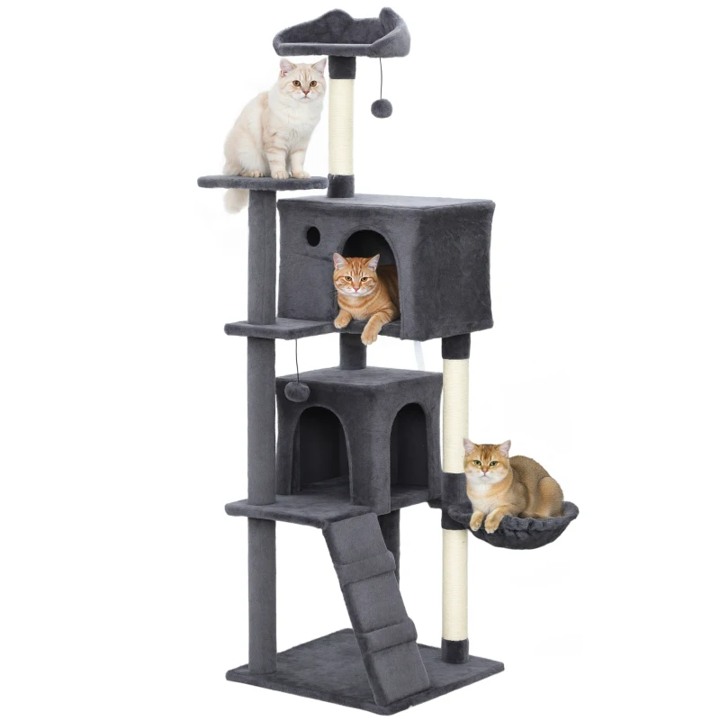 PawHut 160cm Large Cat Tree Tower with Sisal Scratching Posts, Condos, Plush Perches, Hammock, Ladder, Dark Grey