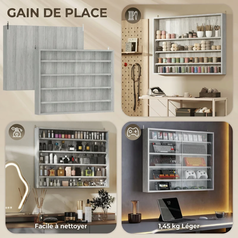 HOMCOM Vitrine murale pour objets de collection 4 étagère réglables en hauteur et 2 portes coulissantes 80 x 9,5 x 60 cm gris