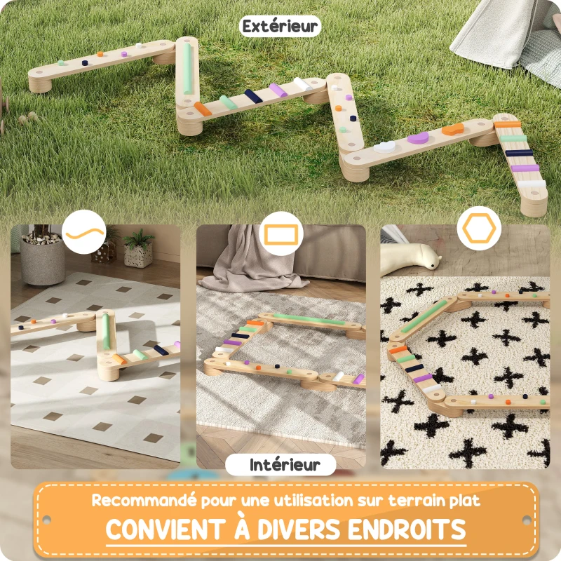 AIYAPLAY Trave di Equilibrio in Legno con Pietre Ostacolo Colorate per Bambini 3-8 anni, 130x115x8.5 cm, Multicolore