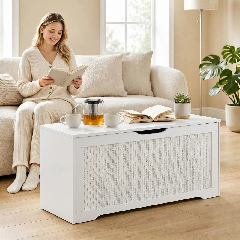 HOMCOM Cufăr de depozitare 136 L băncuță de depozitare cu panou din ratan capac cu brațe de susținere pentru hol 100x40x45cm alb