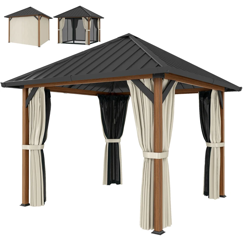 Outsunny 3 x 3(m) Hardtop Gazebo with Galvanised Steel Roof and Water Gutter, Waterproof Permanent Pavilion Garden Gazebo with Netting and Curtains for Patio, Deck, Walnut Wood Finish