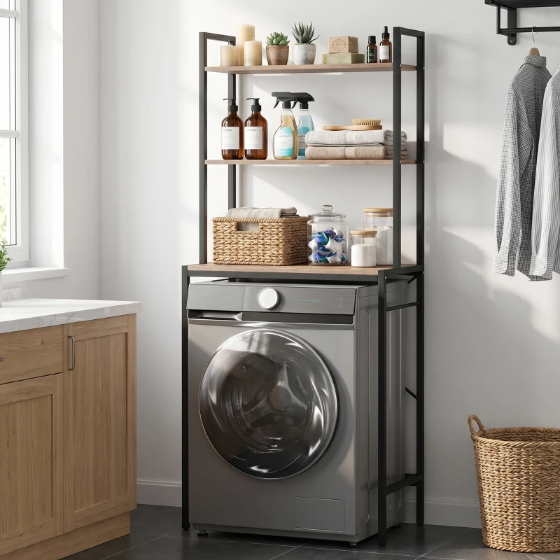 HOMCOM Étagère 3 Ripiani au-dessus du lave-linge avec barre porte-vêtements, Marron/Noir