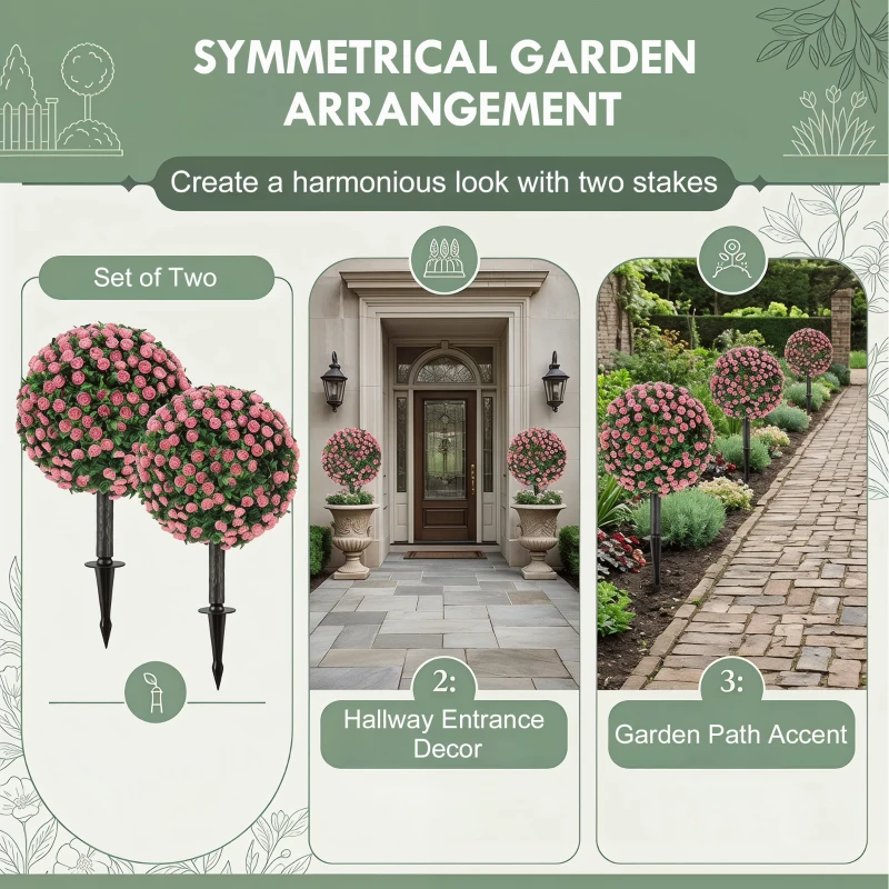 HOMCOM Artificial Rose Topiary UV Resistant, 2-Pack Fake Plants, 55 cm, Pink