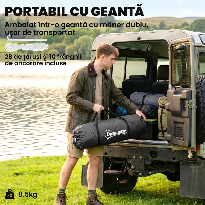 Outsunny Cort de Camping pentru 4-6 Persoane cu 2 Camere, din Poliester și Fibră de Sticlă, 555x225x190 cm, Gri și Verde